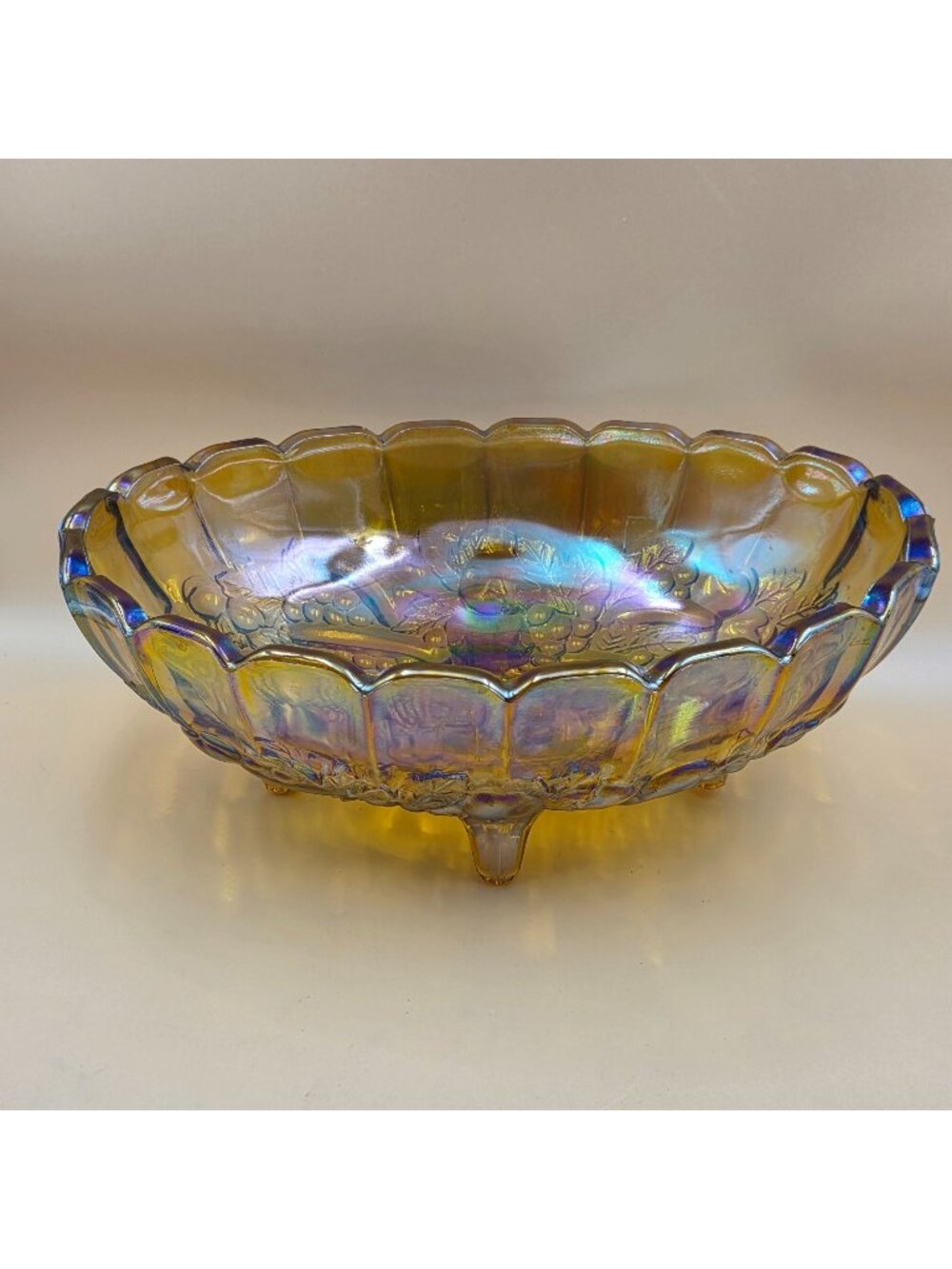 Colony Harvest Amber Carnival Glass Footed Centerpiece Bowl Fruit Pattern